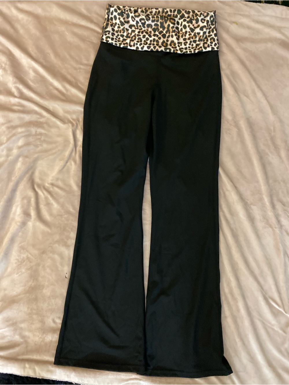Wide Leg Yoga Pants with Leopard Fold-Over Waist - Black